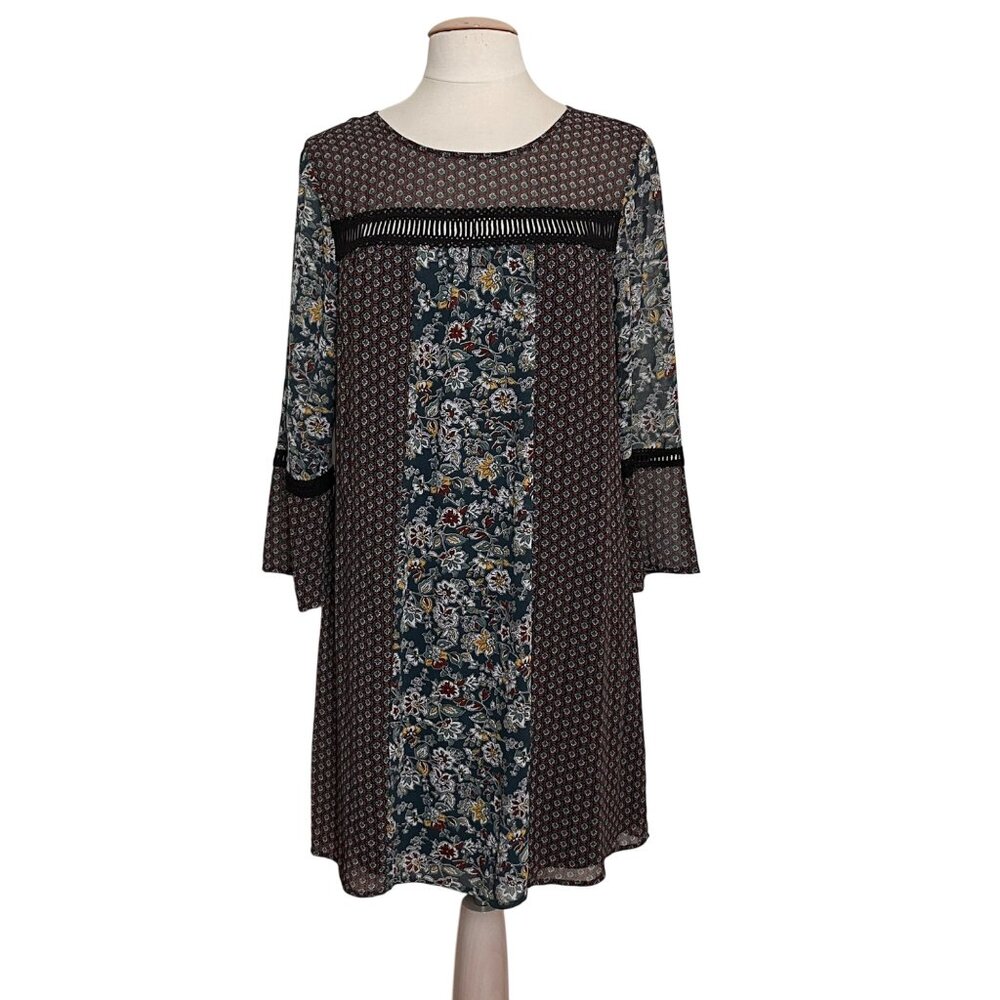 Signature Studio Womens Dress M Bell Sleeve Floral Mixed Print Hippie Boho Sheer